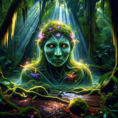 The primary subject of the image is a green, glowing, and fern-like creature with a face. The creature is surrounded by a forest environment, with trees and plants visible in the background. The visual style of the image is a combination of photo and digital art, creating a unique and captivating scene. The colors and mood of the image are predominantly green and serene, with the glowing fern-like creature adding a sense of magic and wonder to the forest setting.